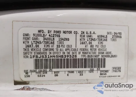 1995 Ford Econoline E350 Super Duty z USA, uszkodzony, nr VIN 1FBJS31H4SHB39528